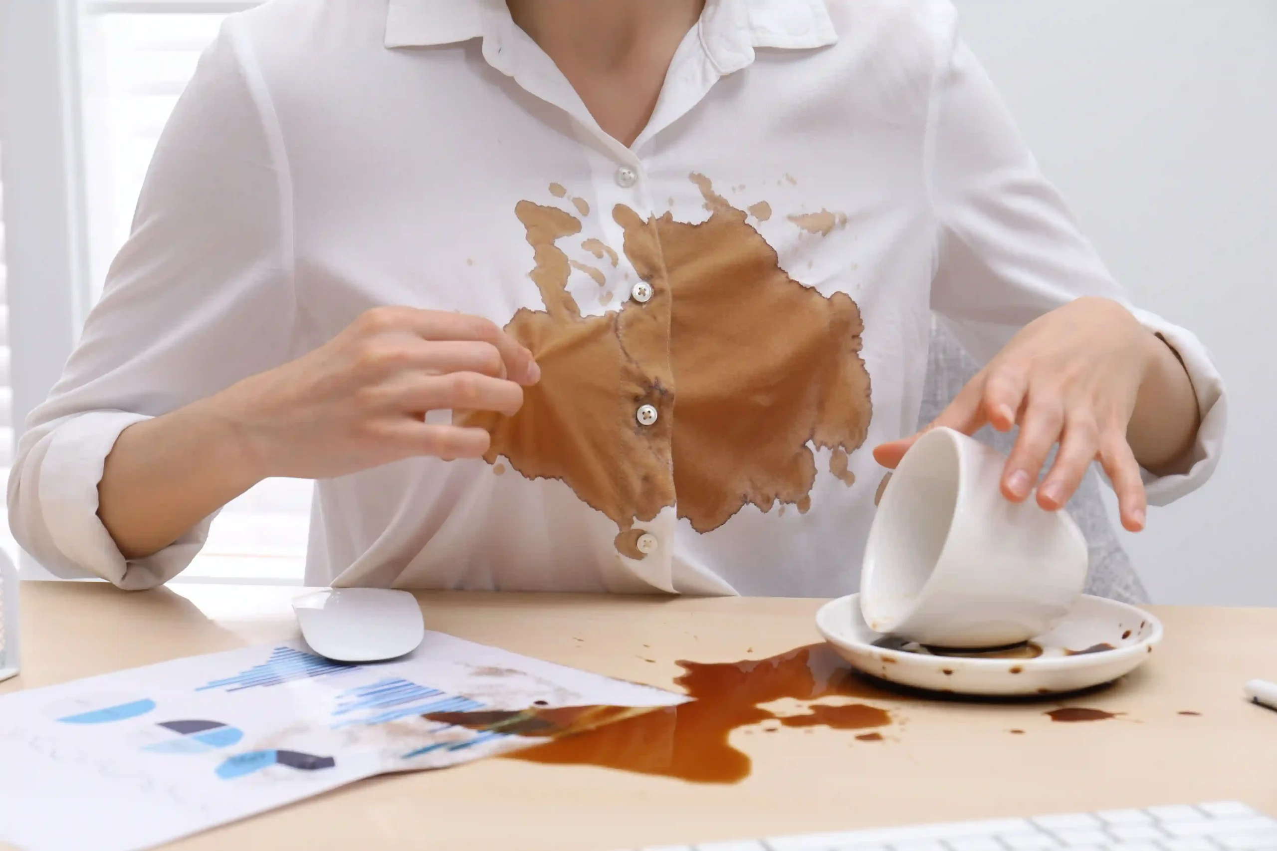 Manchas de café en la camisa blanca