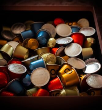 Capsulas de cafe surtidas desbordando de un recipiente