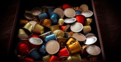 Capsulas de cafe surtidas desbordando de un recipiente