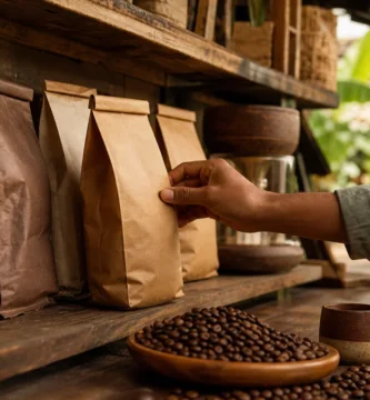 Mano tomando una bolsa de cafe de papel kraft de un estante con varias marcas