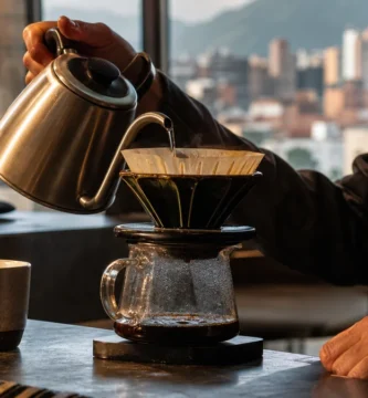 Persona vertiendo agua con tetera de cobre sobre un dripper, con la ciudad al fondo por la ventana