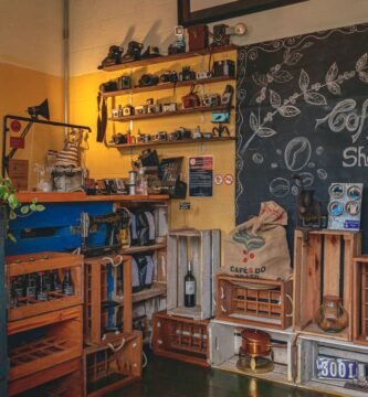 Interior of a vintage coffee shop with wooden furniture