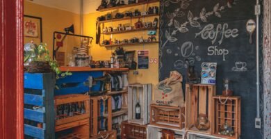 Interior of a vintage coffee shop with wooden furniture