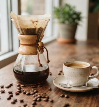 Cafetera Chemex con cafe de filtro y una taza de espresso sobre una mesa de madera