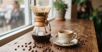 Cafetera Chemex con cafe de filtro y una taza de espresso sobre una mesa de madera